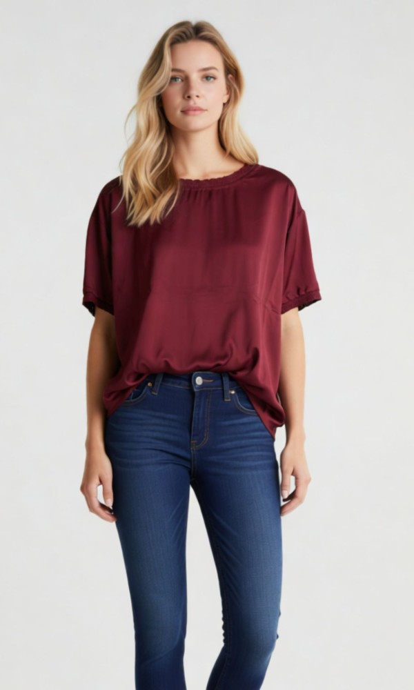 Σατέν Μπορντό Μπλούζα με Λάστιχο Λαιμό