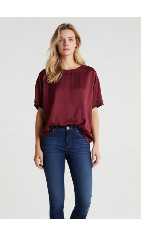 Σατέν Μπορντό Μπλούζα με Λάστιχο Λαιμό