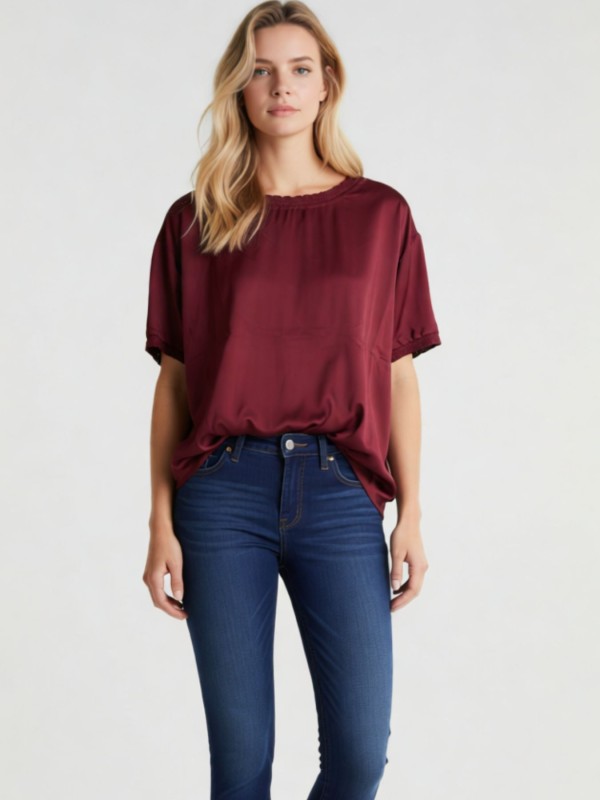Σατέν Μπορντό Μπλούζα με Λάστιχο Λαιμό