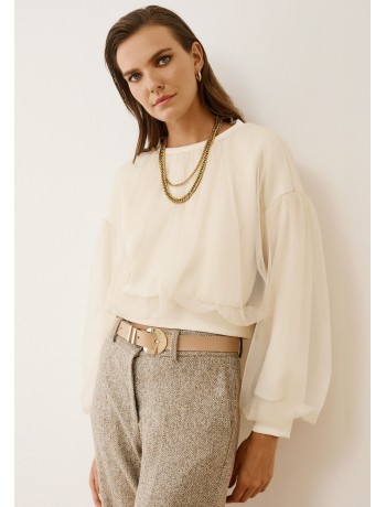 Εκρού Αέρινη Μπλούζα με Διαφάνεια