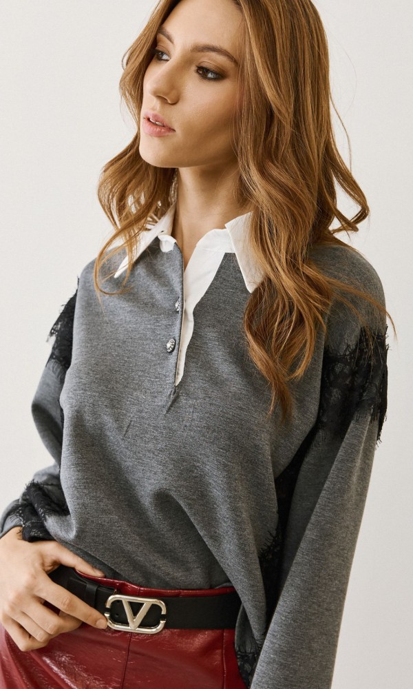 Μπλούζα Γκρι Με Γιακά Μπλούζα Γκρι Με Γιακά