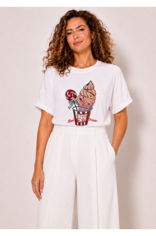 White Blouse with Ice Cream Design Made of Sequins White Blouse with Ice Cream Design Made of Sequins