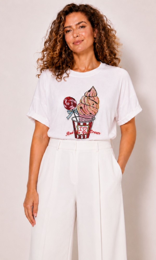 White Blouse with Ice Cream Design Made of Sequins White Blouse with Ice Cream Design Made of Sequins