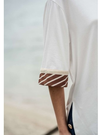White T-Shirt with Striped Sleeves White T-Shirt with Striped Sleeves