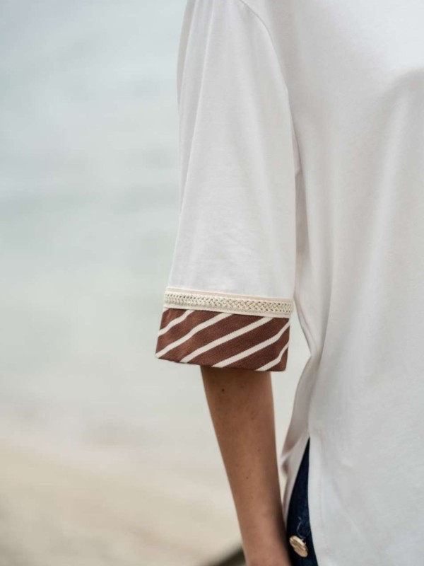 White T-Shirt with Striped Sleeves White T-Shirt with Striped Sleeves
