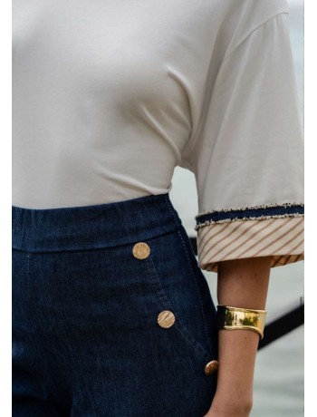 White T-Shirt with Striped Sleeves White T-Shirt with Striped Sleeves