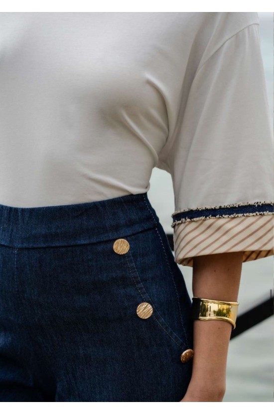 White T-Shirt with Striped Sleeves White T-Shirt with Striped Sleeves