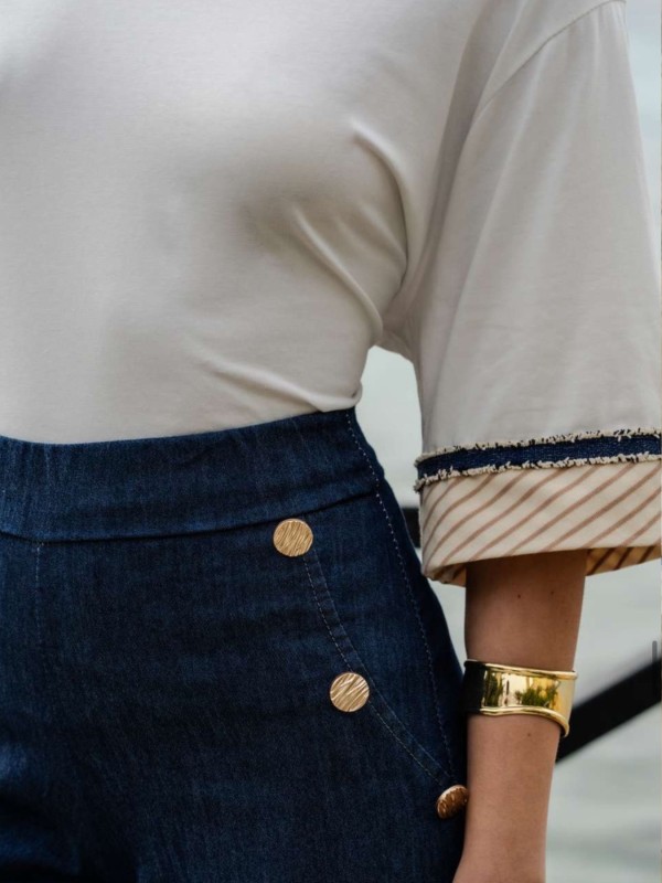 White T-Shirt with Striped Sleeves