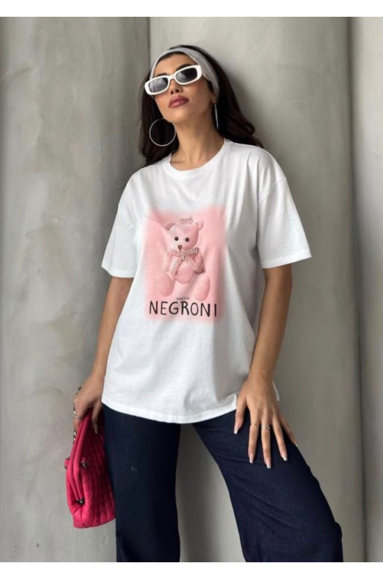 Λευκό T-shirt  με Ροζ Αρκουδάκι και Πέτρες