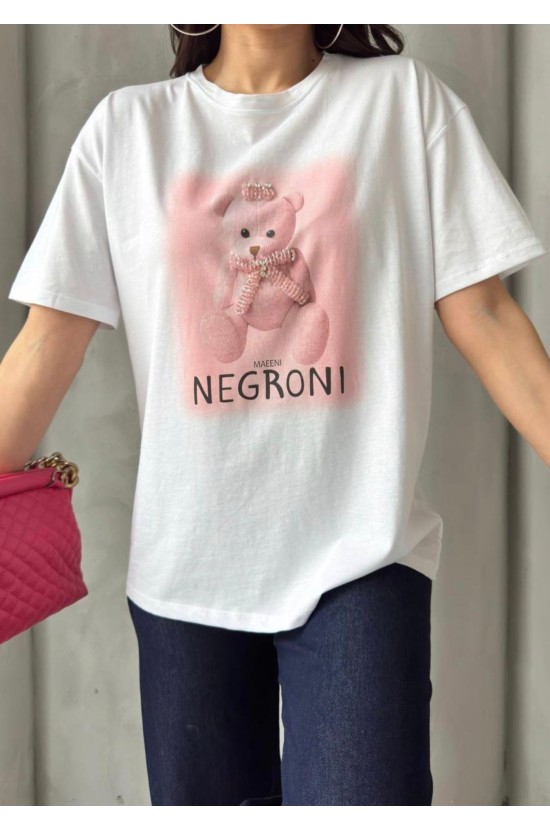 Λευκό T-shirt  με Ροζ Αρκουδάκι και Πέτρες