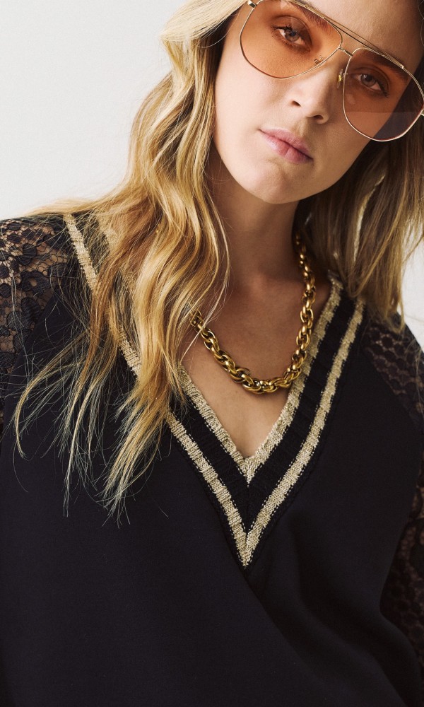 Black Blouse with Lace and Gold Details