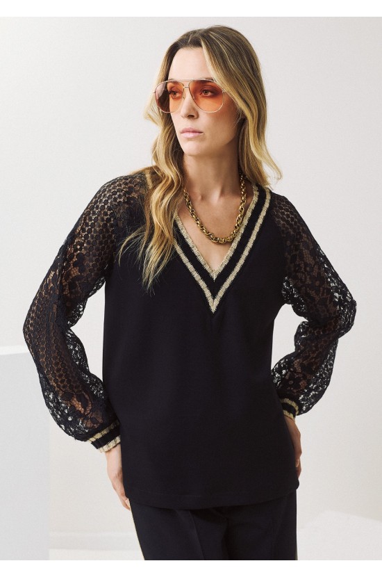 Black Blouse with Lace and Gold Details Black Blouse with Lace and Gold Details