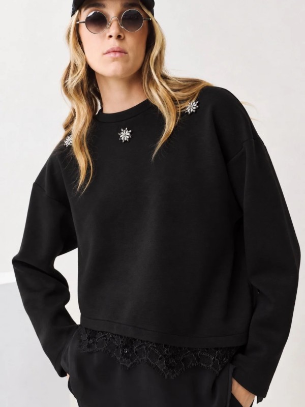 Black Blouse with Rhinestones and Lace