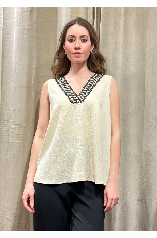 Sleeveless Blouse Ecru with V and embroidery