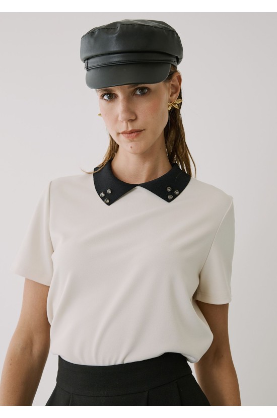 Ecru Short Sleeve Blouse with Collar