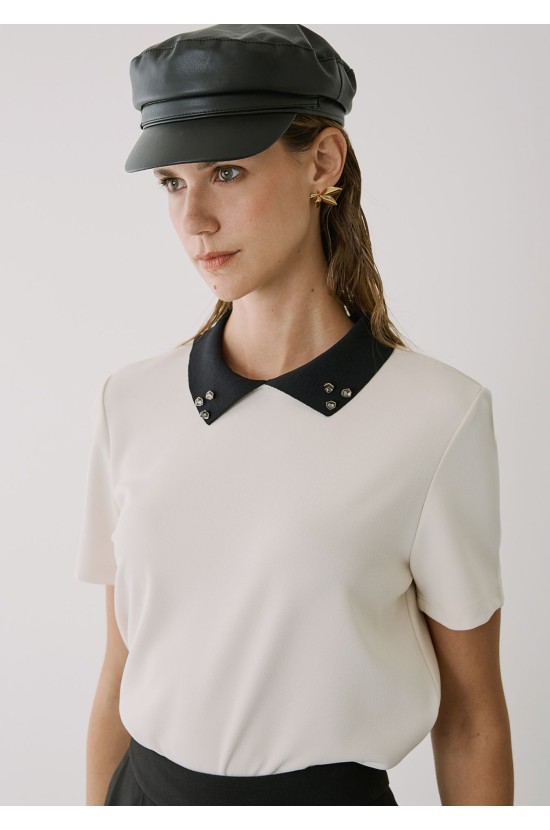 Ecru Short Sleeve Blouse with Collar