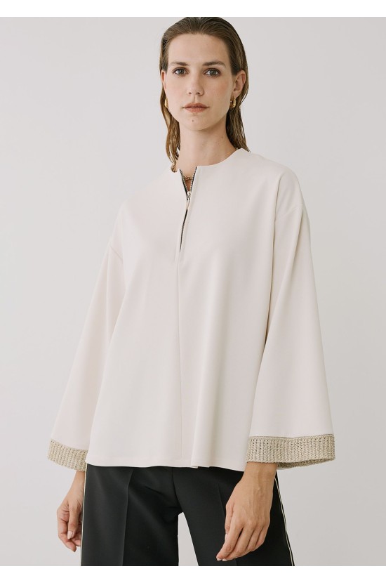 Ecru Blouse With Zipper and Knitted Design 