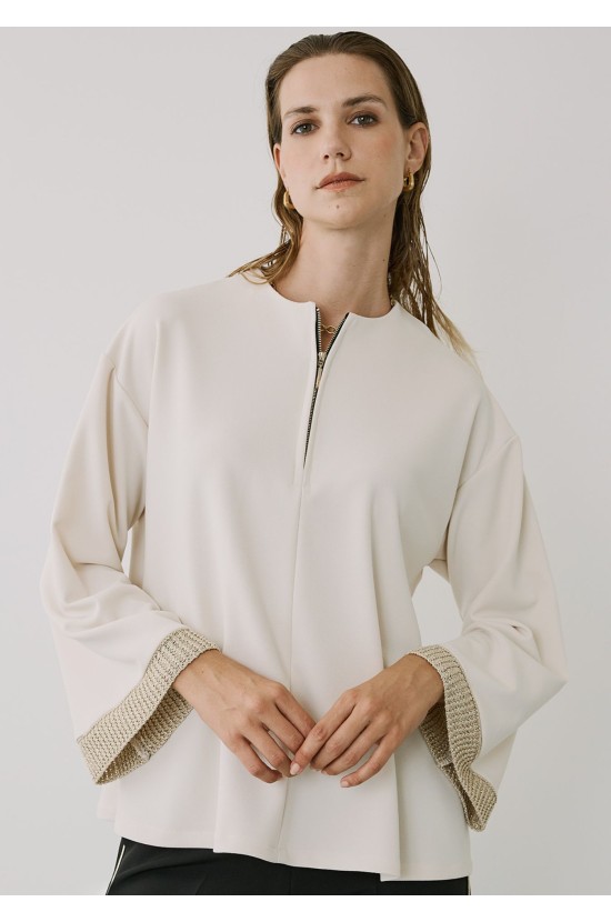 Ecru Blouse With Zipper and Knitted Design 