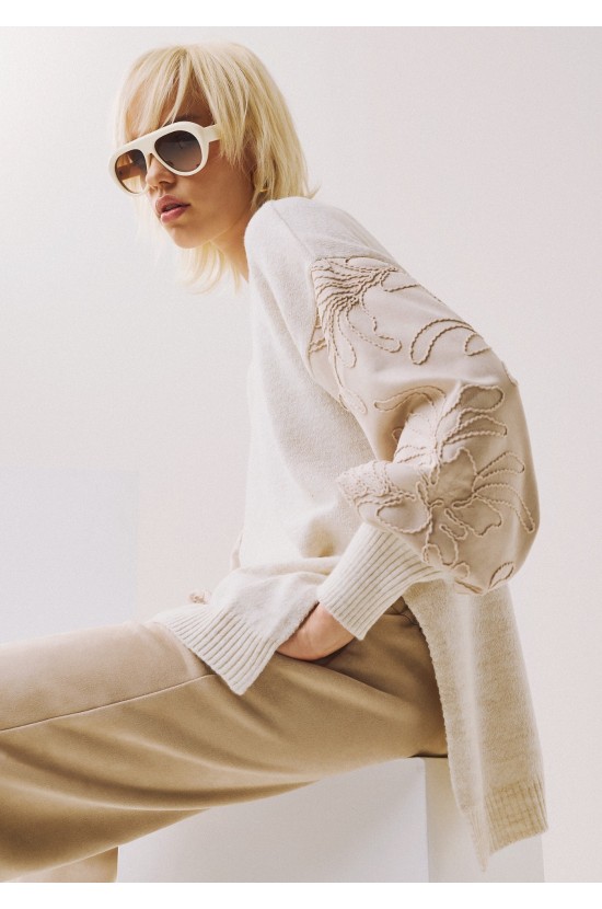 Ecru Blouse with Embossed Sleeves