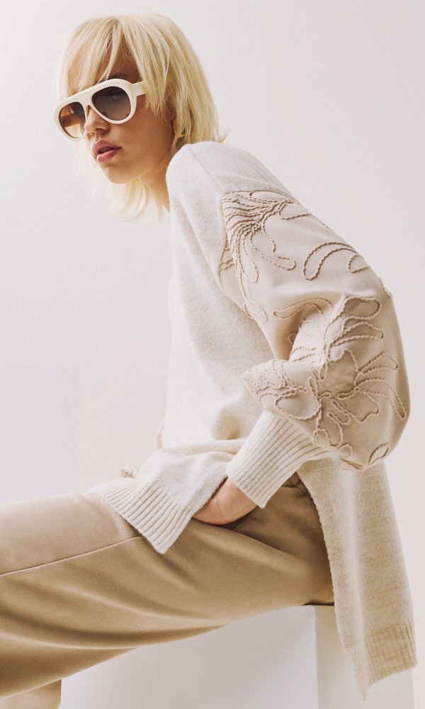 Ecru Blouse with Embossed Sleeves