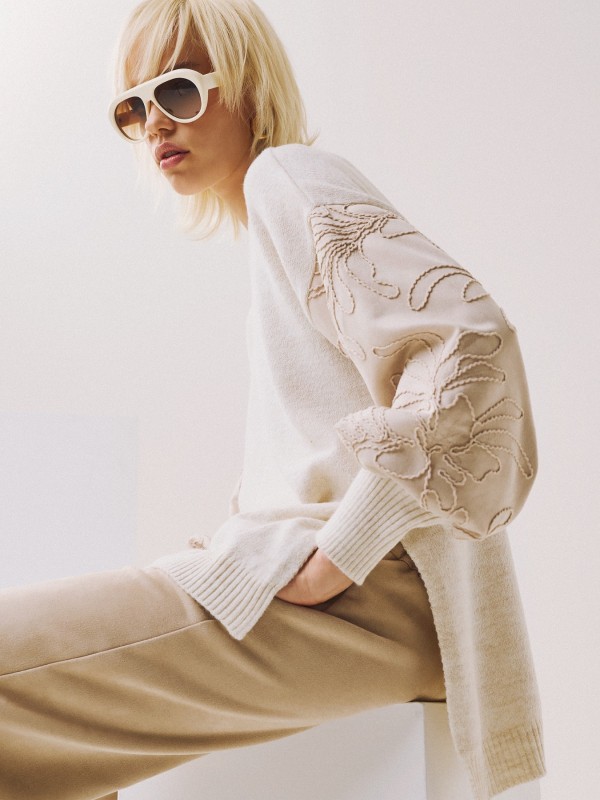 Ecru Blouse with Embossed Sleeves