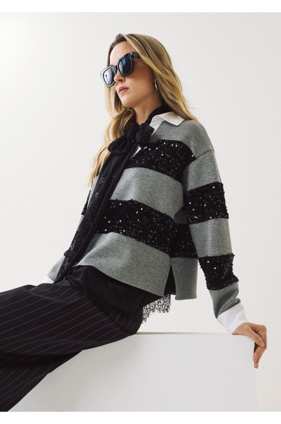 Gray Blouse with Black Sequins and Stripes Gray Blouse with Black Sequins and Stripes