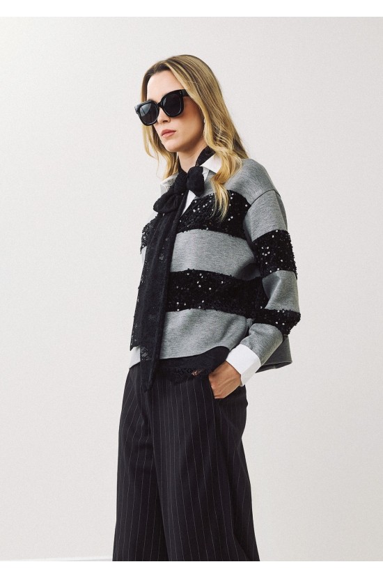Gray Blouse with Black Sequins and Stripes Gray Blouse with Black Sequins and Stripes