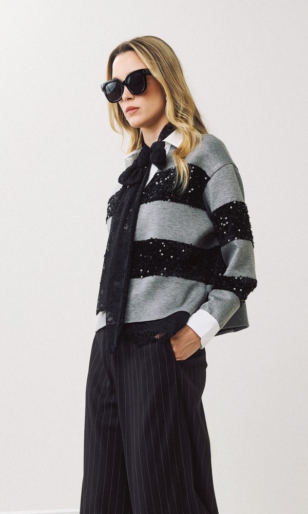 Gray Blouse with Black Sequins and Stripes