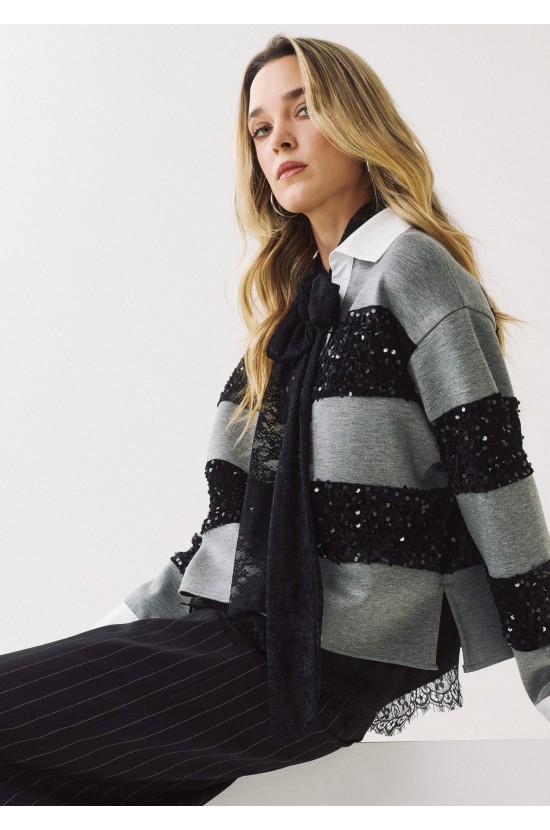 Gray Blouse with Black Sequins and Stripes Gray Blouse with Black Sequins and Stripes