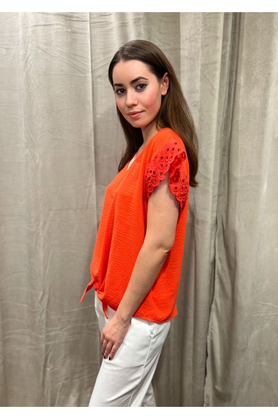 Coral Blouse With Design On Sleeve