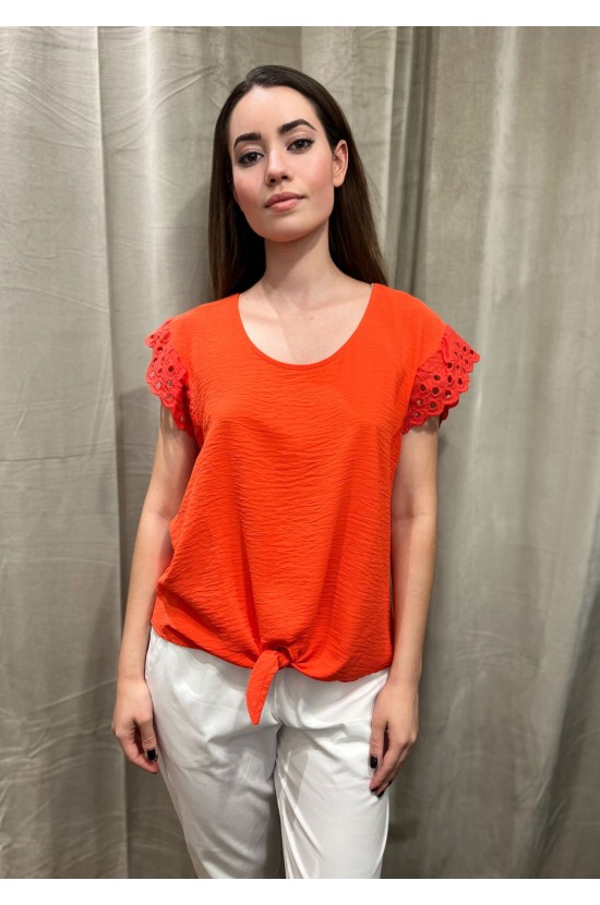 Coral Blouse With Design On Sleeve