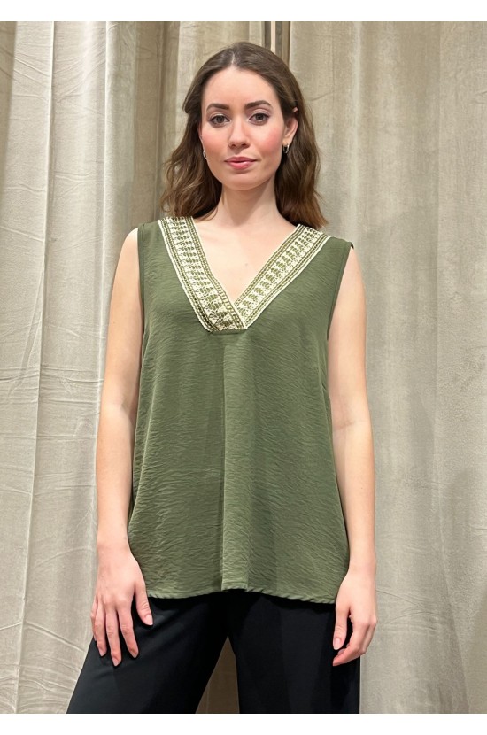 Sleeveless Olive Blouse with V and embroidery