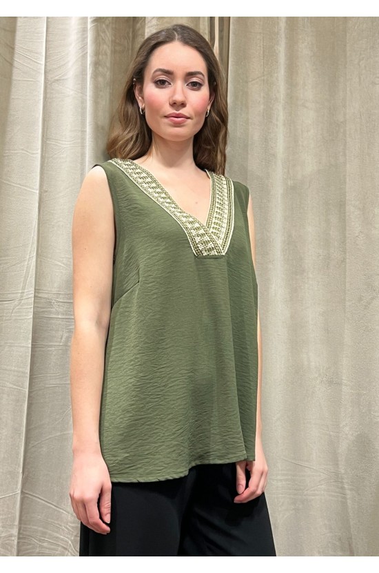 Sleeveless Olive Blouse with V and embroidery