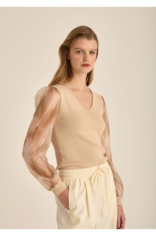 Beige Knitted Blouse With Slide