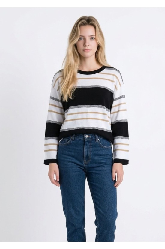 Πλεκτή Ριγέ Μπλούζα Με Μακριά Μανίκια