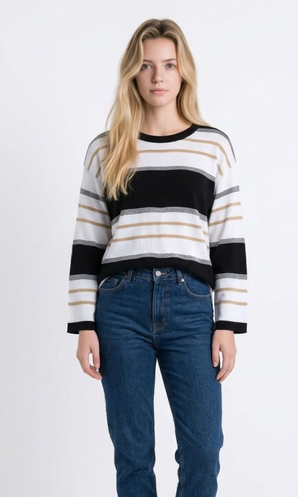 Πλεκτή Ριγέ Μπλούζα Με Μακριά Μανίκια