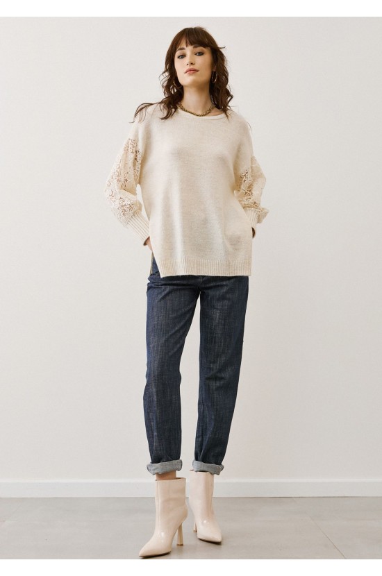 Πλεκτή Μπλούζα Εκρού με Δαντέλα