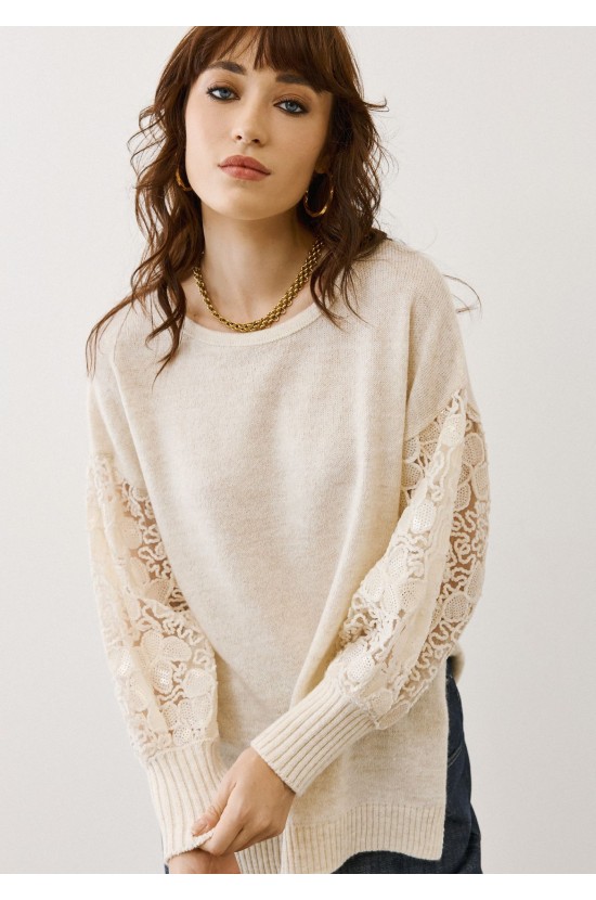 Πλεκτή Μπλούζα Εκρού με Δαντέλα