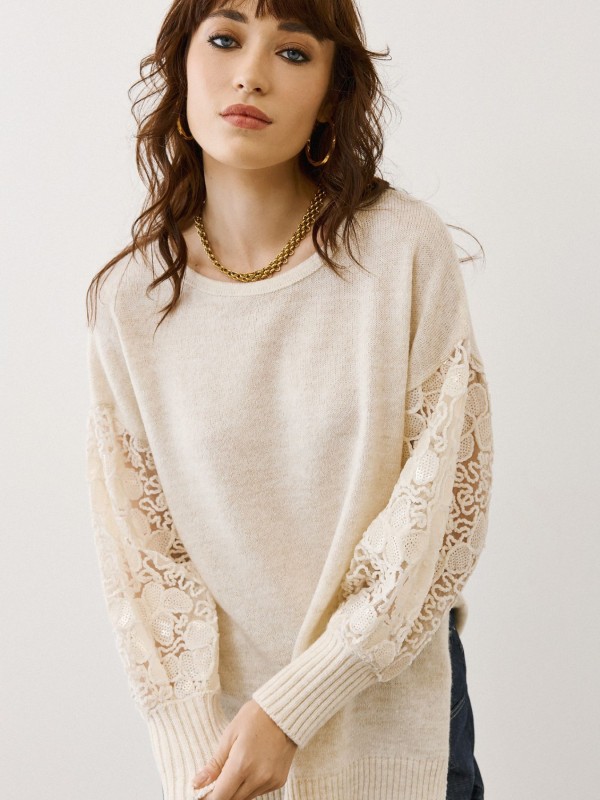 Knitted Ecru Blouse with Lace