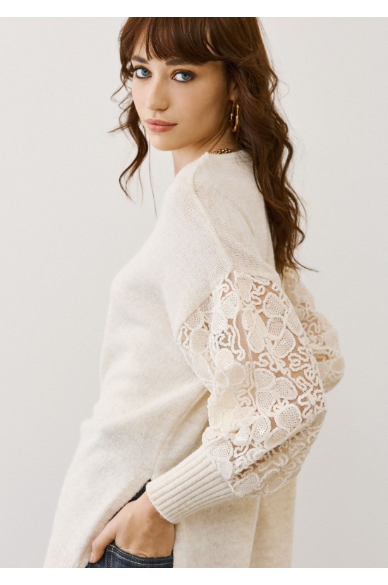 Πλεκτή Μπλούζα Εκρού με Δαντέλα