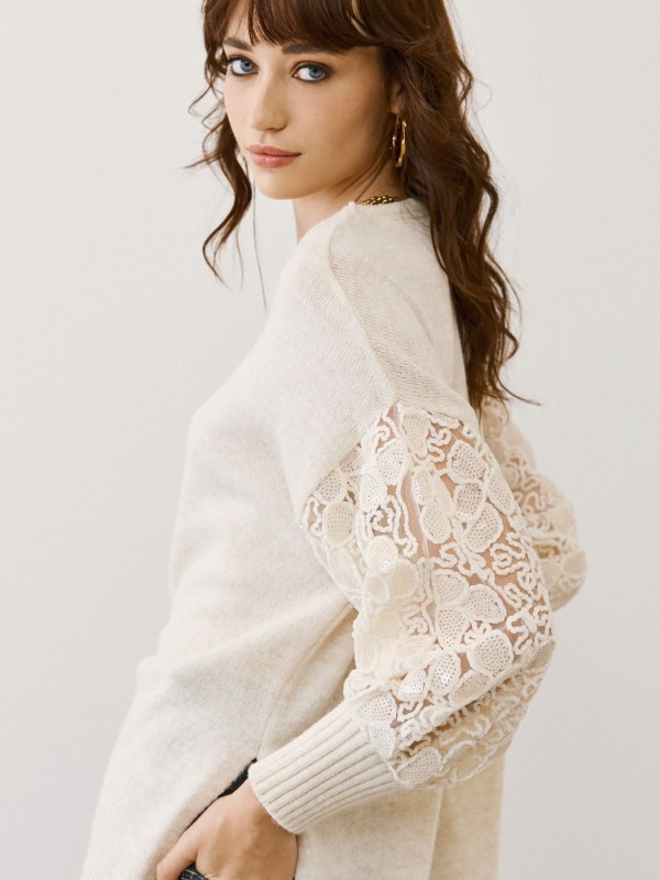 Knitted Ecru Blouse with Lace