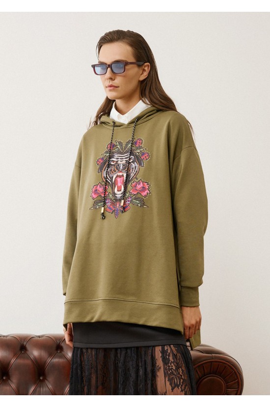 Λαδί Oversized Φούτερ με Κέντημα