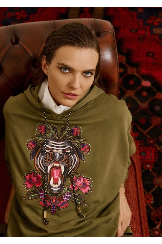Λαδί Oversized Φούτερ με Κέντημα