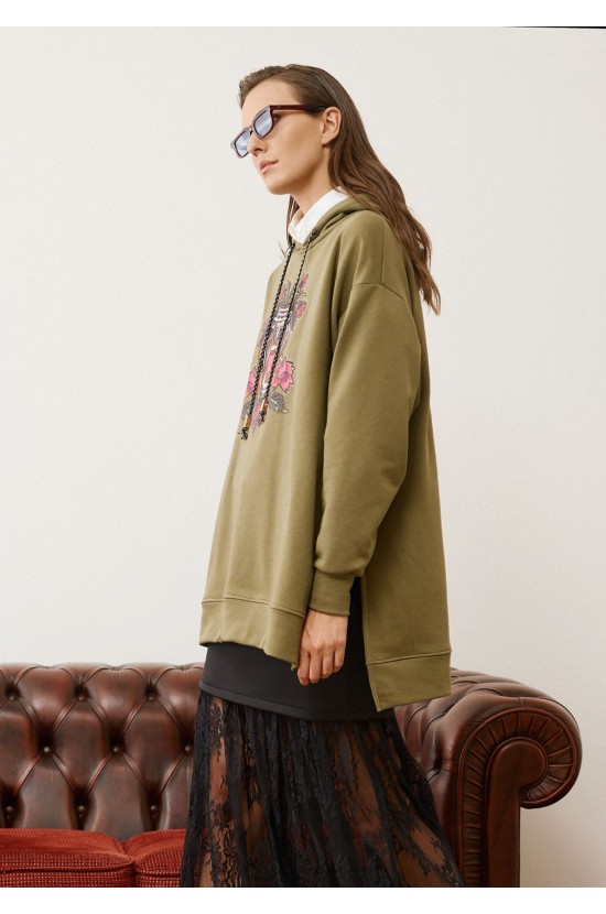 Λαδί Oversized Φούτερ με Κέντημα