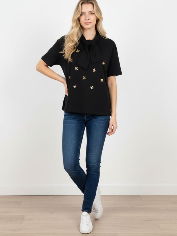 Black Blouse With Tie & Gold Embroidered Details