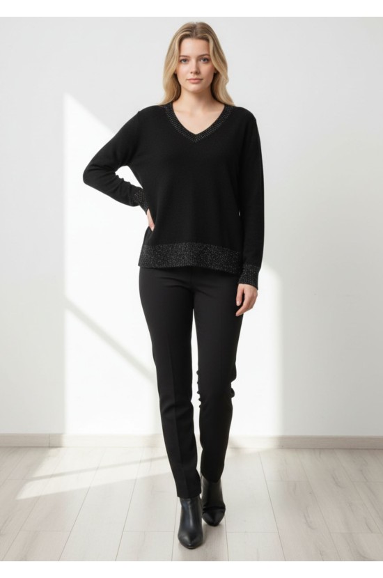 Black Knitted Blouse With V Neck & Shiny Details Black Knitted Blouse With V Neck & Shiny Details