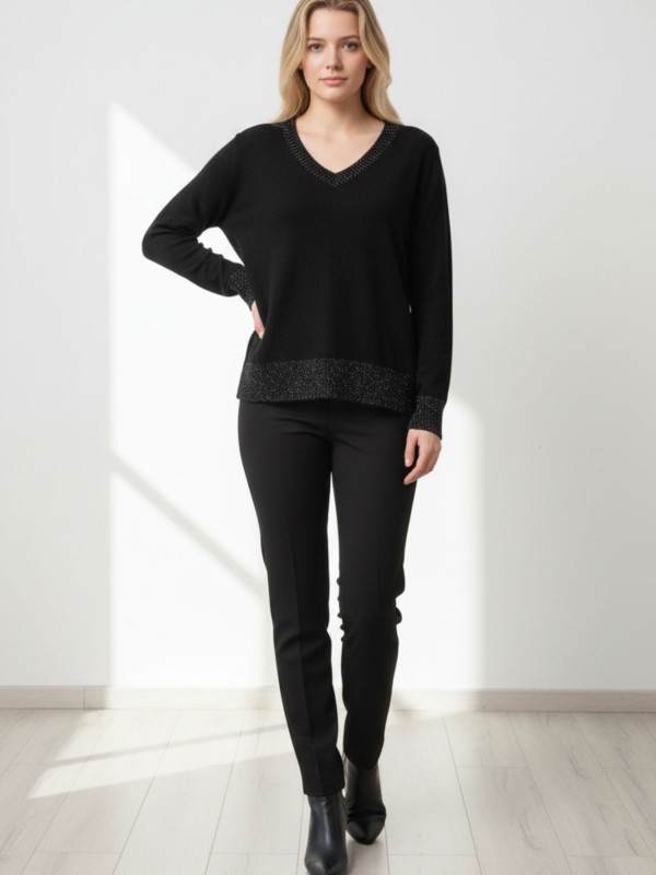 Black Knitted Blouse With V Neck & Shiny Details