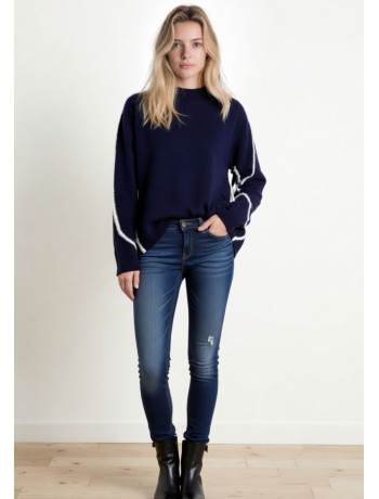Πλεκτή Μπλούζα Μπλε Navy με Λευκές Λεπτομέρειες