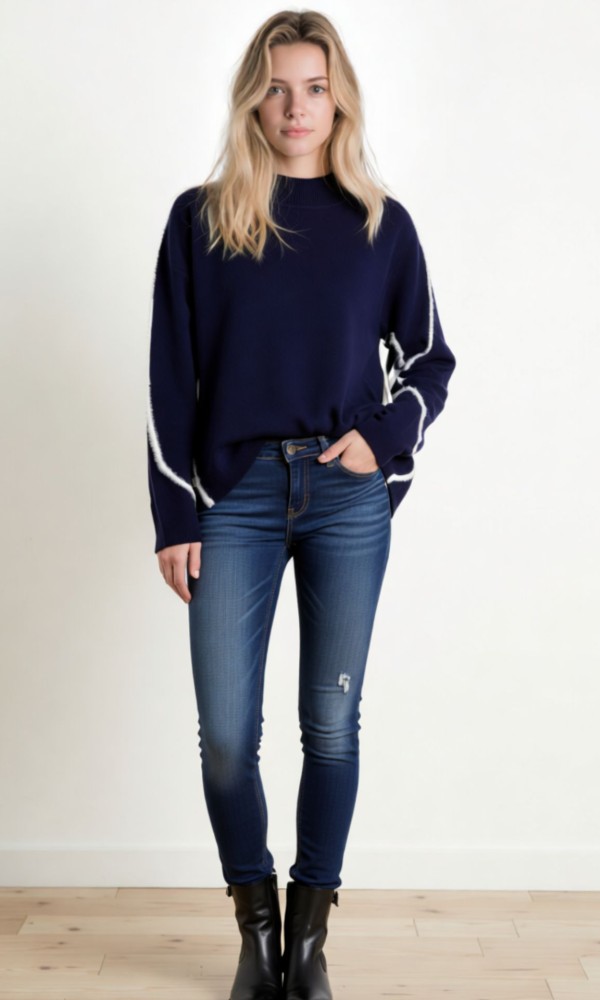 Πλεκτή Μπλούζα Μπλε Navy με Λευκές Λεπτομέρειες Πλεκτή Μπλούζα Μπλε Navy με Λευκές Λεπτομέρειες