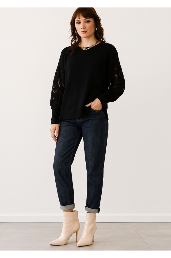 Πλεκτή Μπλούζα Μαύρη με Δαντέλα Πλεκτή Μπλούζα Μαύρη με Δαντέλα